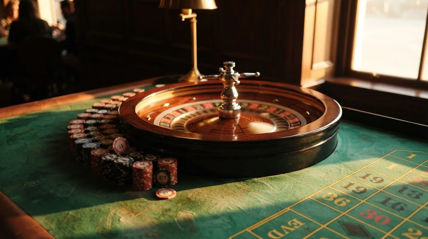 Roda de roleta e fichas sobre feltro verde, sob uma luz quente de fim de tarde — 1 euro casino em portugal