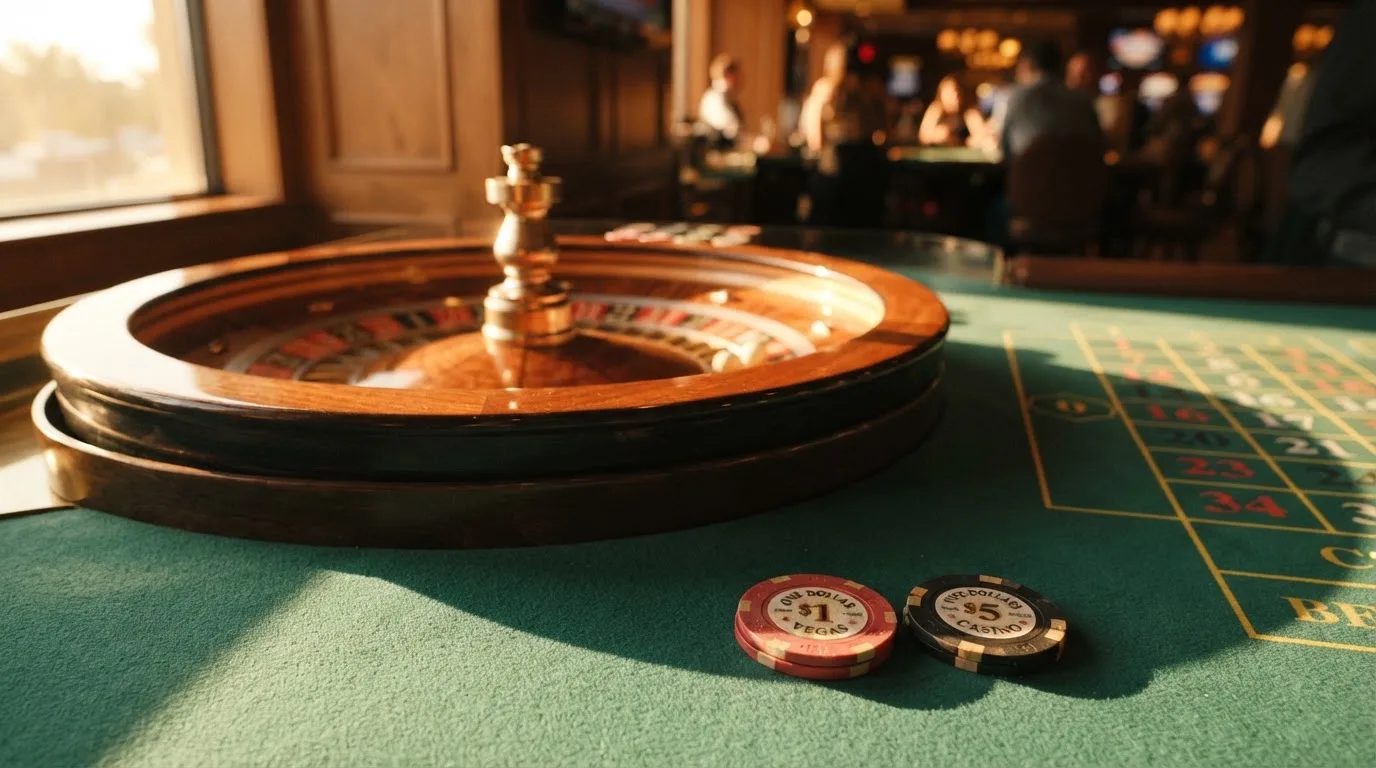 Roda de roleta e fichas sobre feltro verde, sob uma luz quente de fim de tarde — 10 euro casino em portugal