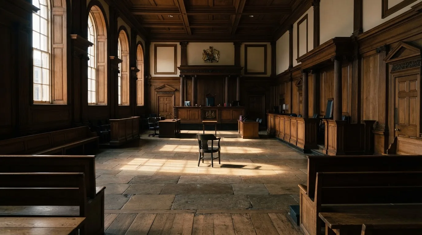 Sala de tribunal vazia com painéis de madeira, à luz da manhã — 20 euro casino em portugal