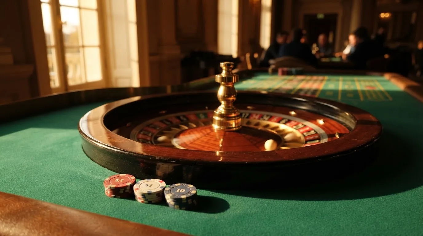 Roda de roleta e fichas sobre feltro verde, sob uma luz quente de fim de tarde — 20 euro casino em portugal