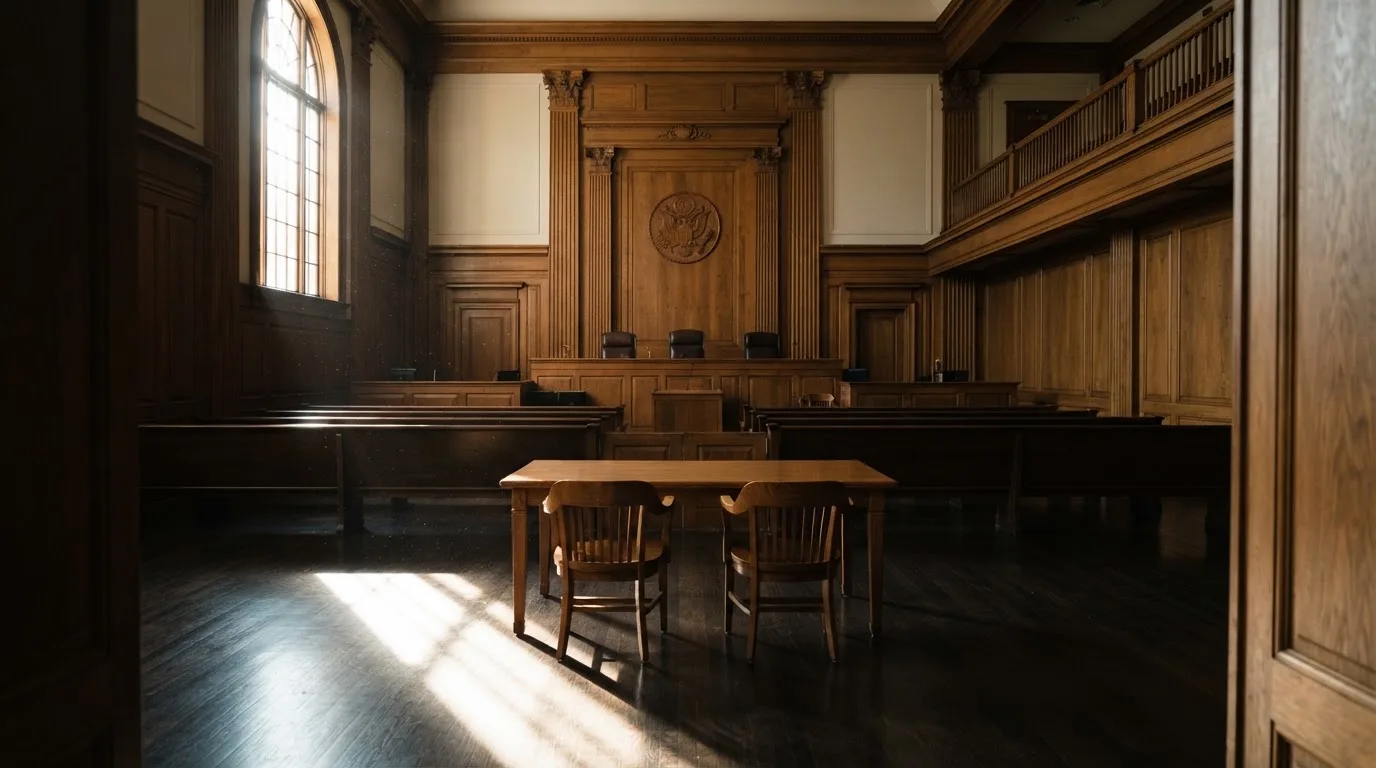 Sala de tribunal vazia com painéis de madeira, à luz da manhã — 5 euro casino em portugal