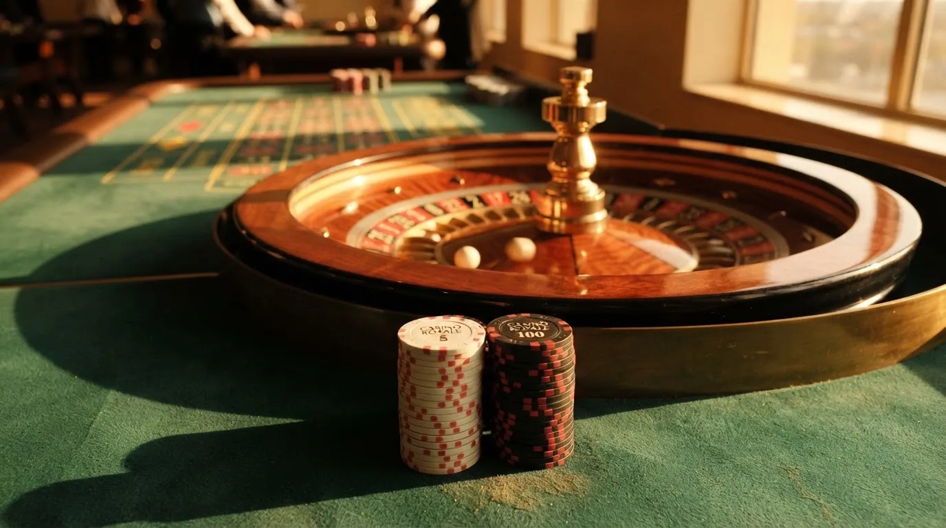 Roda de roleta e fichas sobre feltro verde, sob uma luz quente de fim de tarde — 5 euro casino em portugal