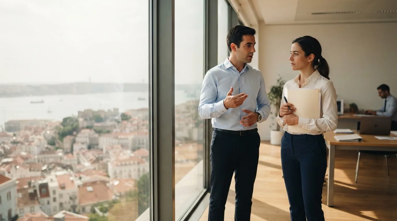 Duas pessoas de camisa a conversar junto a uma janela grande de um escritório público, com a cidade de Lisboa desfocada atrás.