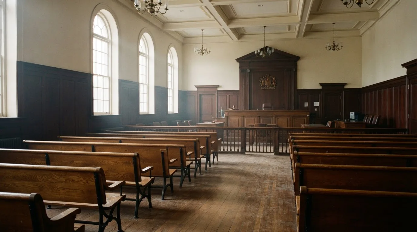 Sala de tribunal vazia com painéis de madeira, à luz da manhã — blackjack ao vivo em portugal
