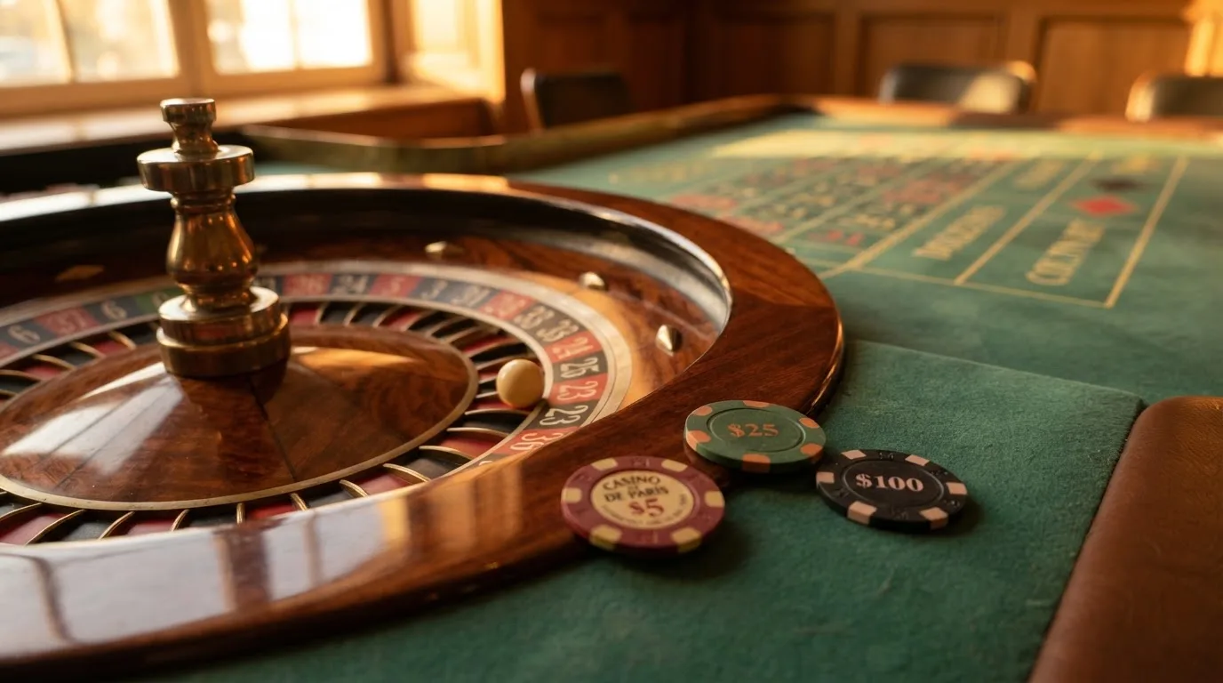 Roda de roleta e fichas sobre feltro verde, sob uma luz quente de fim de tarde — blackjack ao vivo em portugal