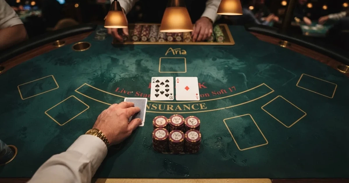 Mesa de jogo iluminada com cartas, vista de cima — blackjack ao vivo em portugal