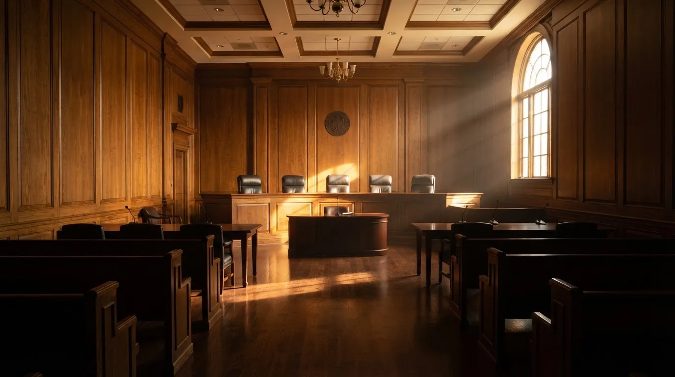 Sala de tribunal vazia com painéis de madeira, à luz da manhã — blackjack casinos em portugal