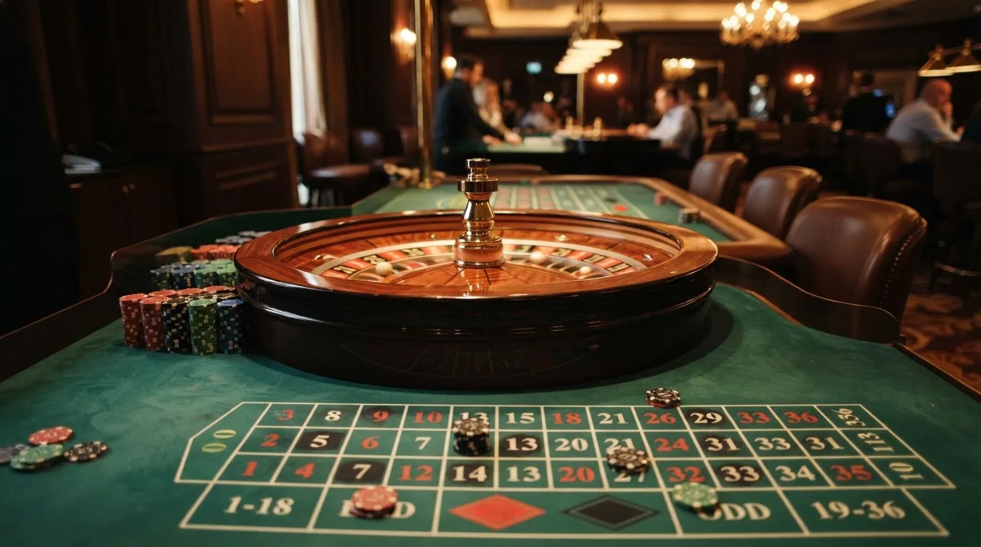 Roda de roleta e fichas sobre feltro verde, sob uma luz quente de fim de tarde — blackjack casinos em portugal
