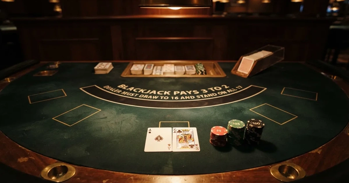 Mesa de jogo iluminada com cartas, vista de cima — blackjack casinos em portugal