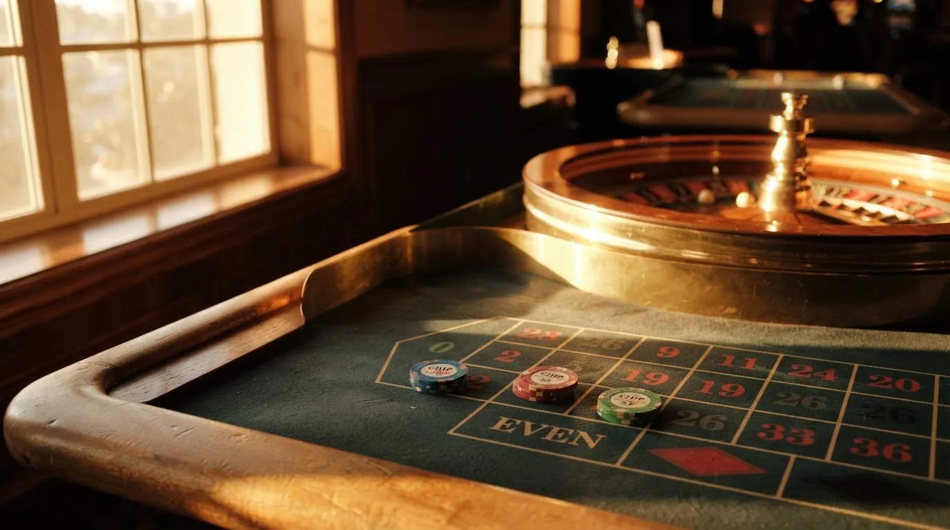 Roda de roleta e fichas sobre feltro verde, sob uma luz quente de fim de tarde — blackjack online casino em portugal