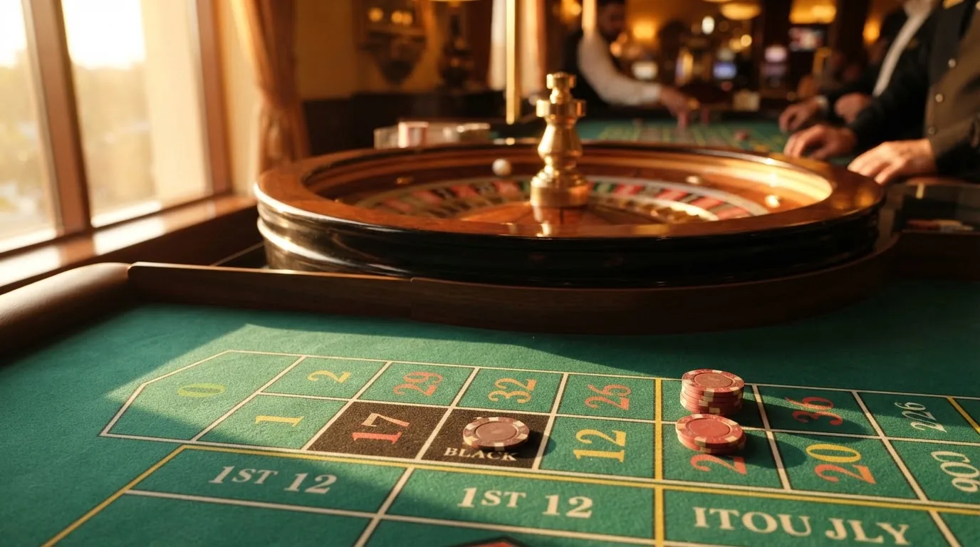 Roda de roleta e fichas sobre feltro verde, sob uma luz quente de fim de tarde — caça-níqueis em casinos portugueses