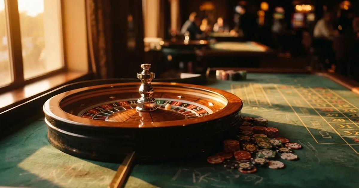 Roda de roleta e fichas sobre feltro verde, sob uma luz quente de fim de tarde — casino apostas em portugal
