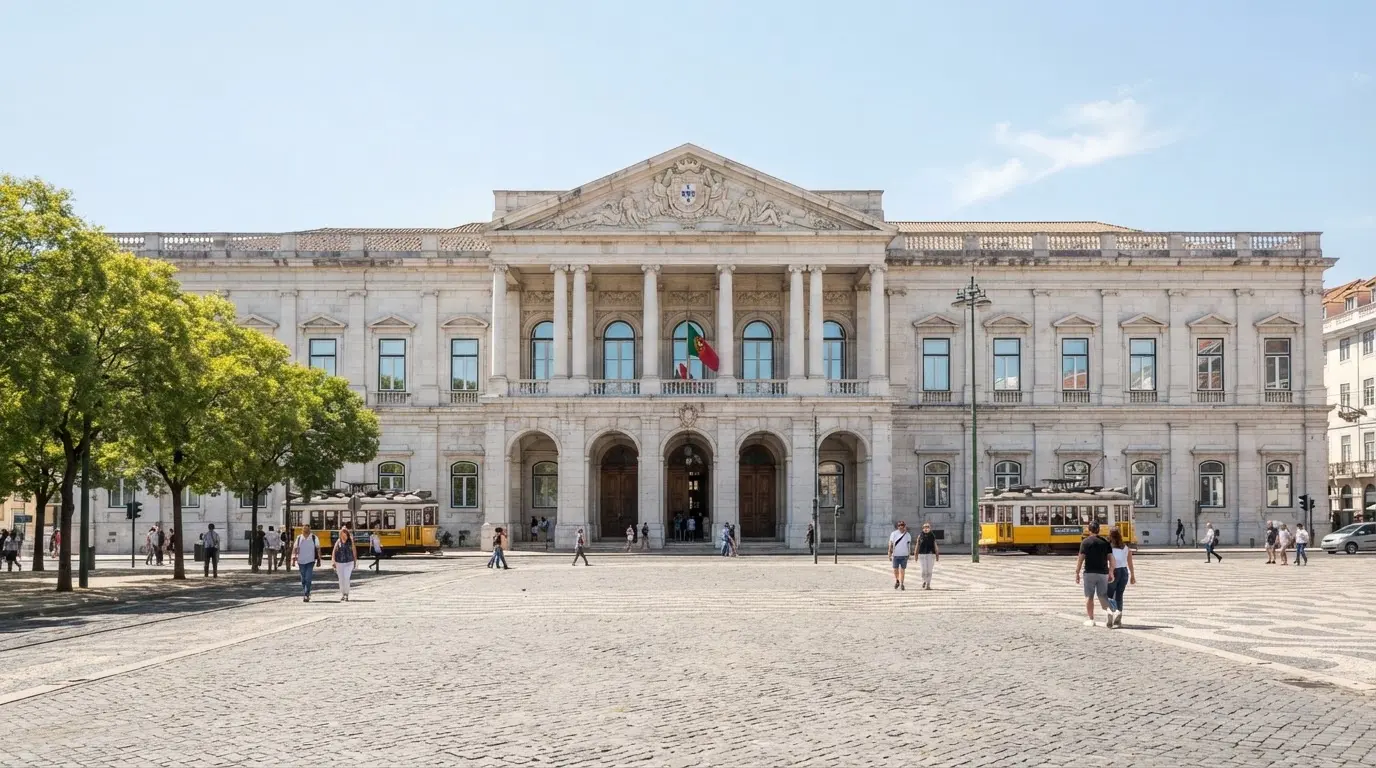 Edifício de arquitetura clássica com colunas brancas num largo lisboeta, pessoas ao longe, luz do meio-dia.
