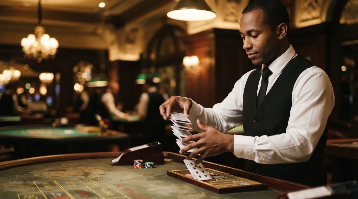 Croupier de gravata a baralhar cartas com destreza, vista lateral, fundo desfocado de um salão de casino em Portugal.