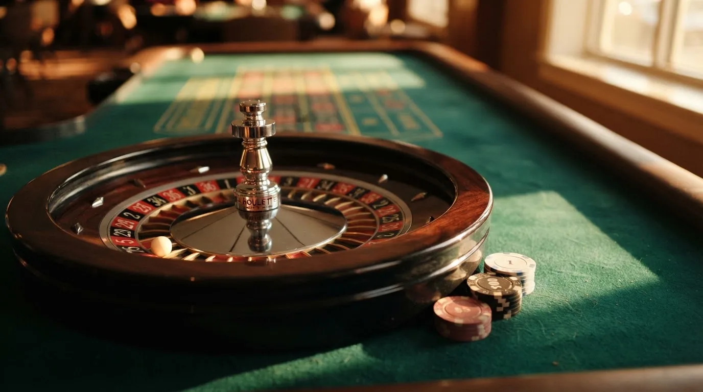 Roda de roleta e fichas sobre feltro verde, sob uma luz quente de fim de tarde — casino com bingo em portugal