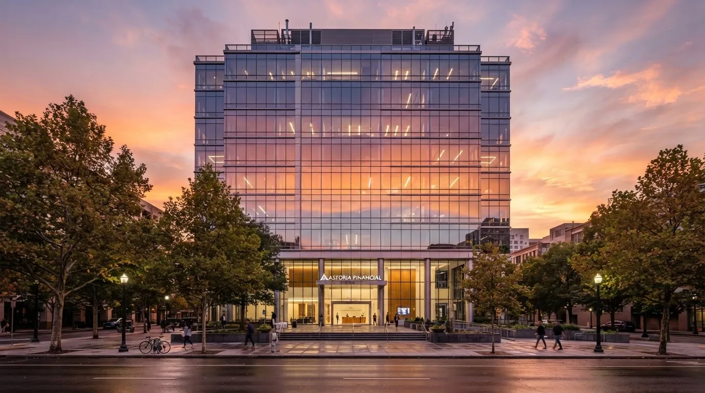 Edifício de escritórios com fachada de vidro ao entardecer, reflexo do céu cor-de-laranja e uma rua tranquila em primeiro plano.