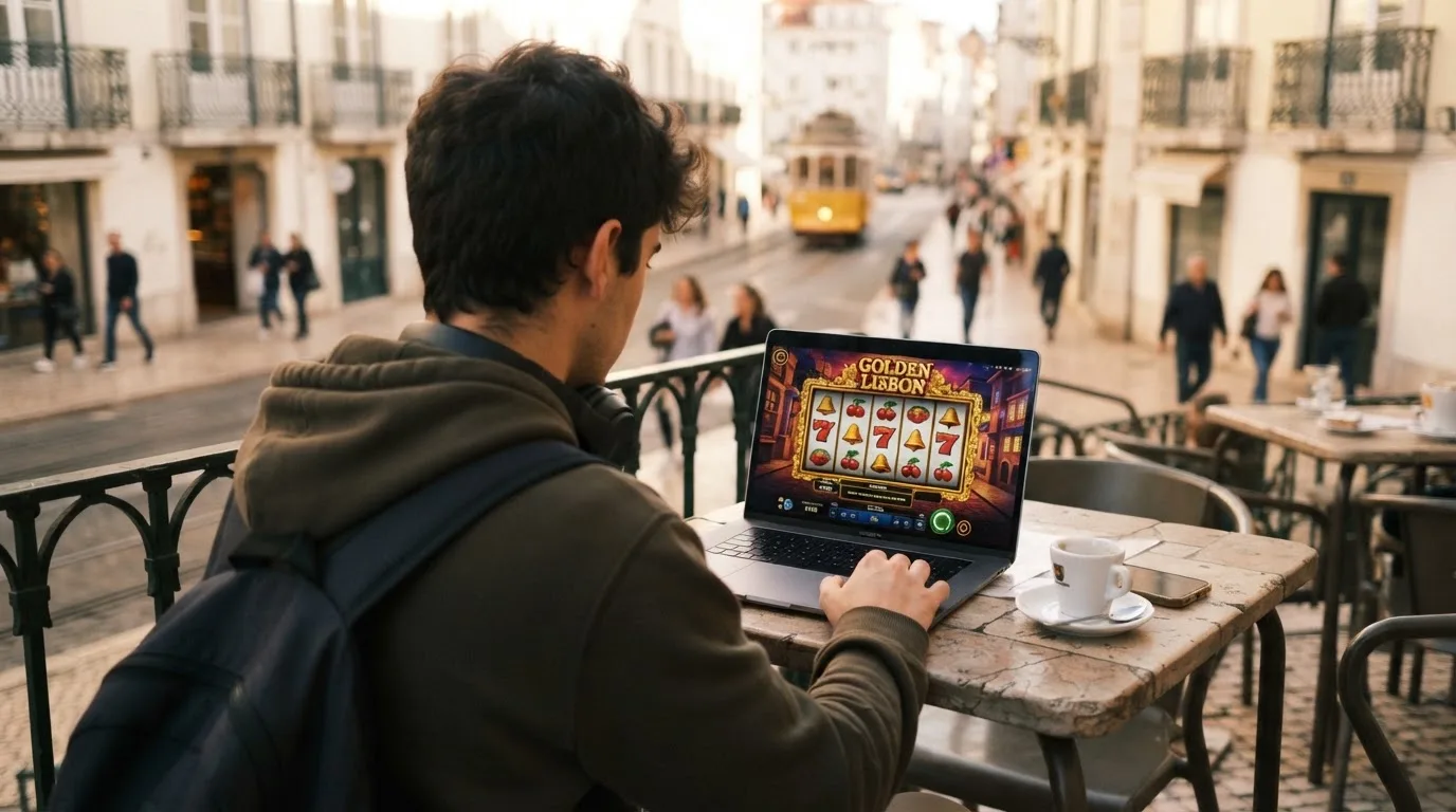 Jovem a trabalhar num café com portátil e auscultadores ao pescoço, esplanada de Lisboa ao fundo, luz suave.