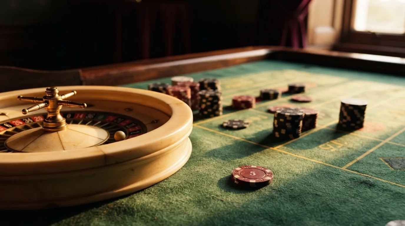 Roda de roleta e fichas sobre feltro verde, sob uma luz quente de fim de tarde — casino com bônus no cadastro pt