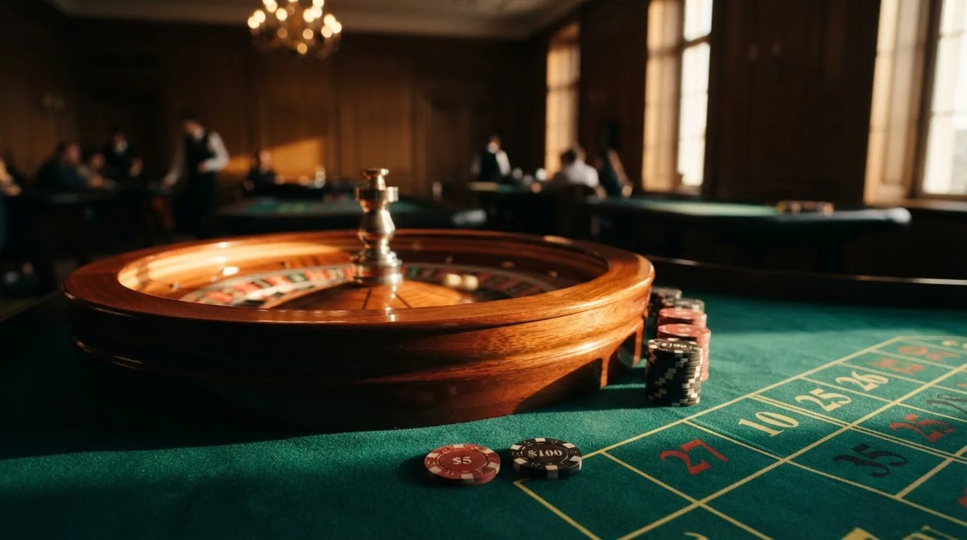 Roda de roleta e fichas sobre feltro verde, sob uma luz quente de fim de tarde — casino com dinheiro em portugal