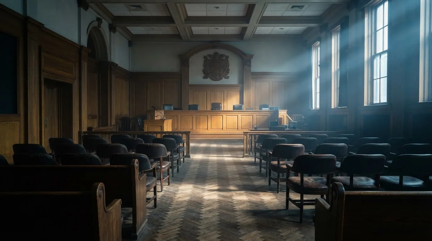 Sala de tribunal vazia com painéis de madeira, à luz da manhã — casino com ethereum em portugal