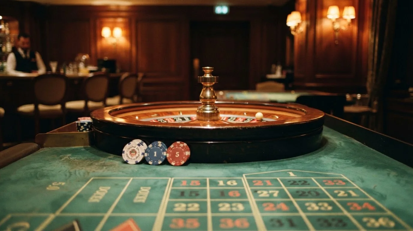 Roda de roleta e fichas sobre feltro verde, sob uma luz quente de fim de tarde — casino com ethereum em portugal
