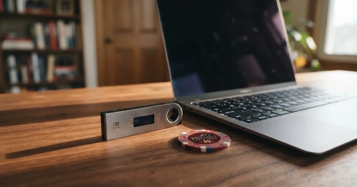 Carteira de hardware e computador portátil numa secretária, com luz suave — casino com ethereum em portugal