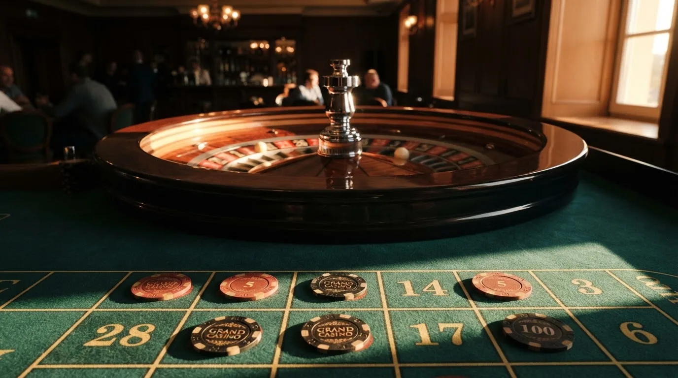 Roda de roleta e fichas sobre feltro verde, sob uma luz quente de fim de tarde — casino com free spins em portugal