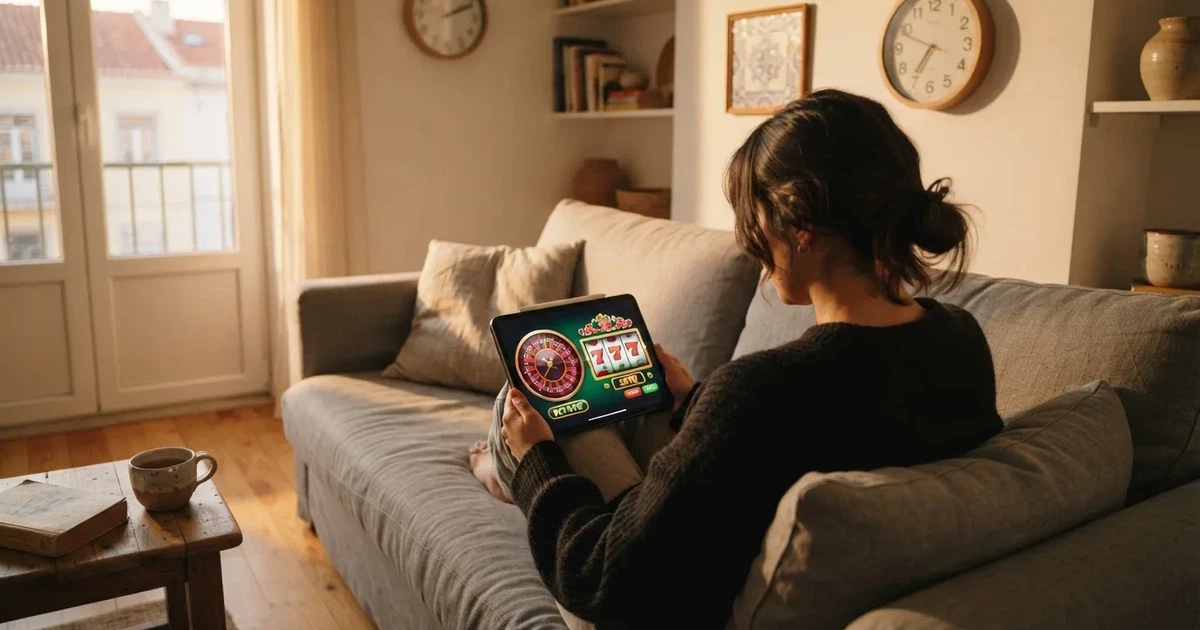 Pessoa num sofá a olhar pensativa para um tablet, com um relógio na parede atrás — casino com free spins em portugal