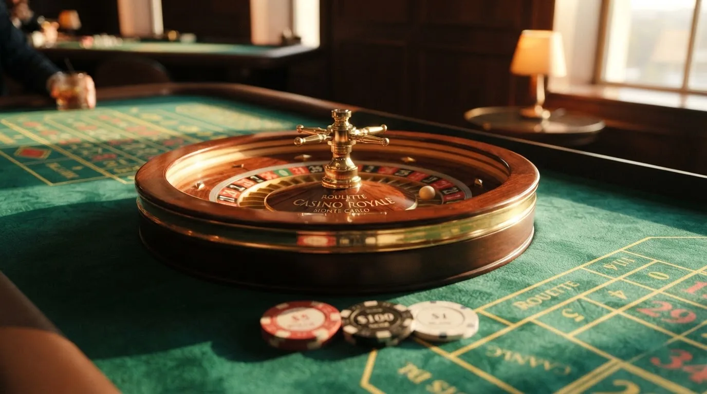 Roda de roleta e fichas sobre feltro verde, sob uma luz quente de fim de tarde — casino com grátis spins pt