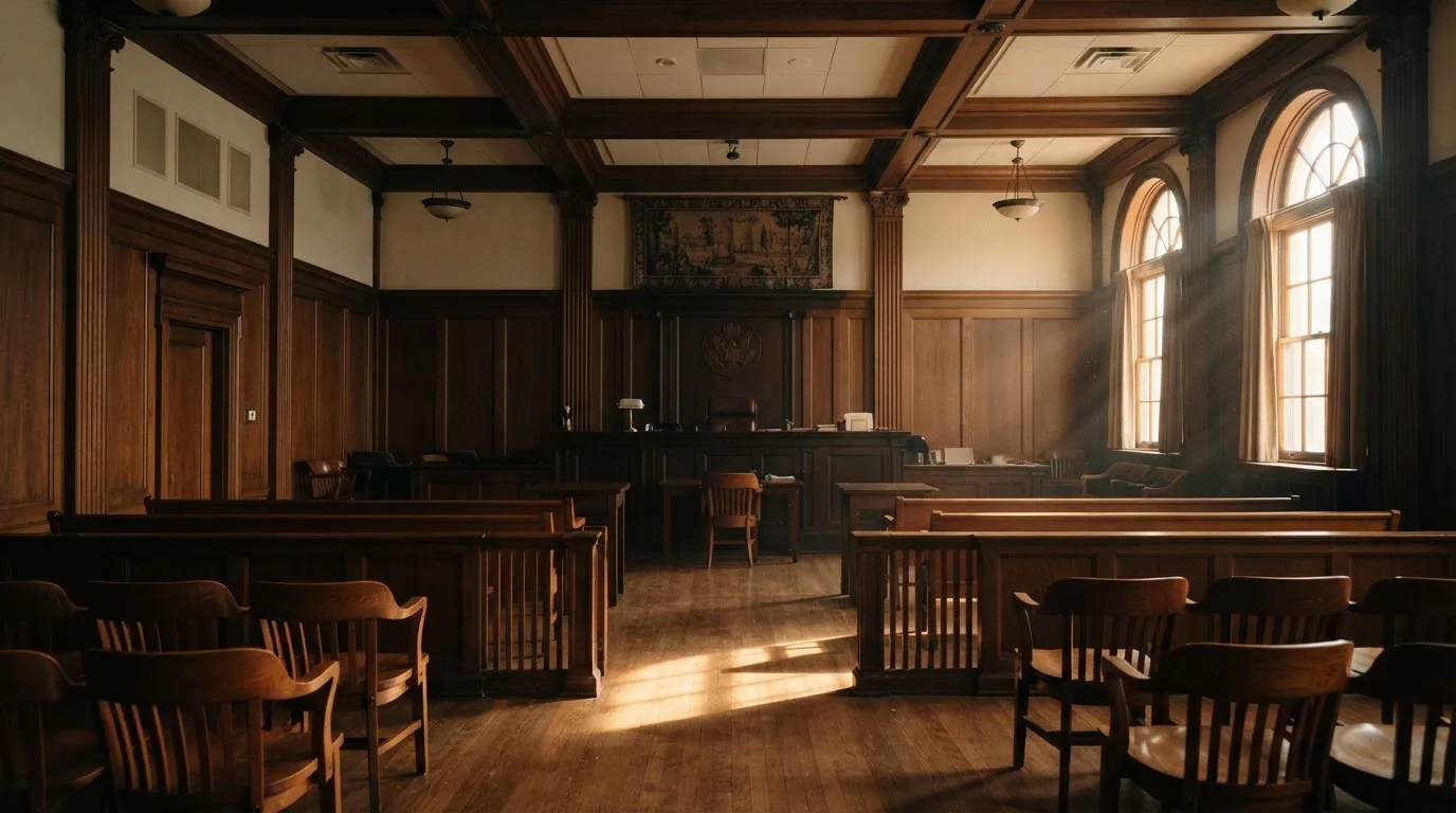 Sala de tribunal vazia com painéis de madeira, à luz da manhã — casino com levantamento pt