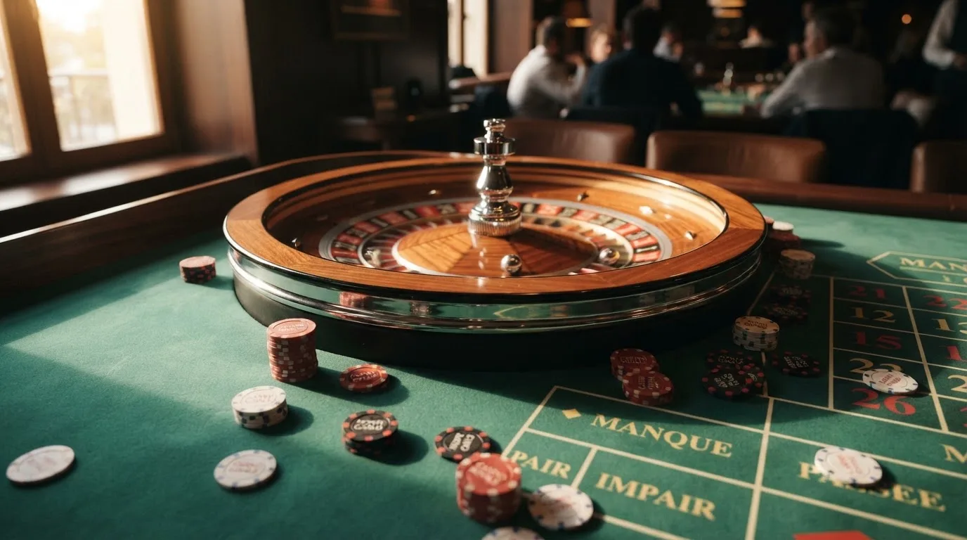 Roda de roleta e fichas sobre feltro verde, sob uma luz quente de fim de tarde — casino com levantamento pt