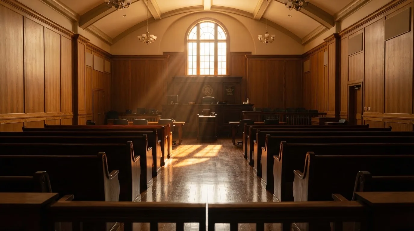 Sala de tribunal vazia com painéis de madeira, à luz da manhã — casino com litecoin em portugal