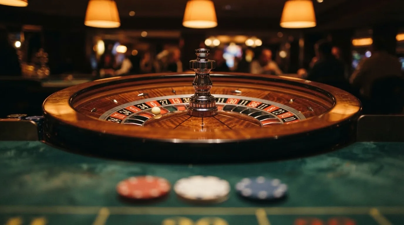 Roda de roleta e fichas sobre feltro verde, sob uma luz quente de fim de tarde — casino com litecoin em portugal