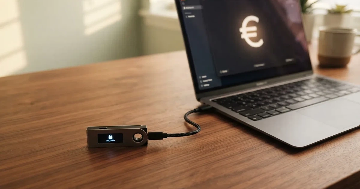 Carteira de hardware e computador portátil numa secretária, com luz suave — casino com litecoin em portugal