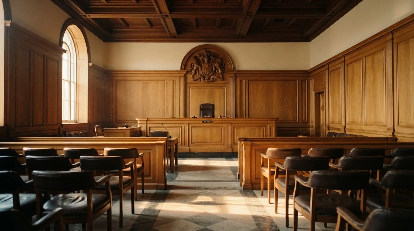 Sala de tribunal vazia com painéis de madeira, à luz da manhã — casino com solana em portugal