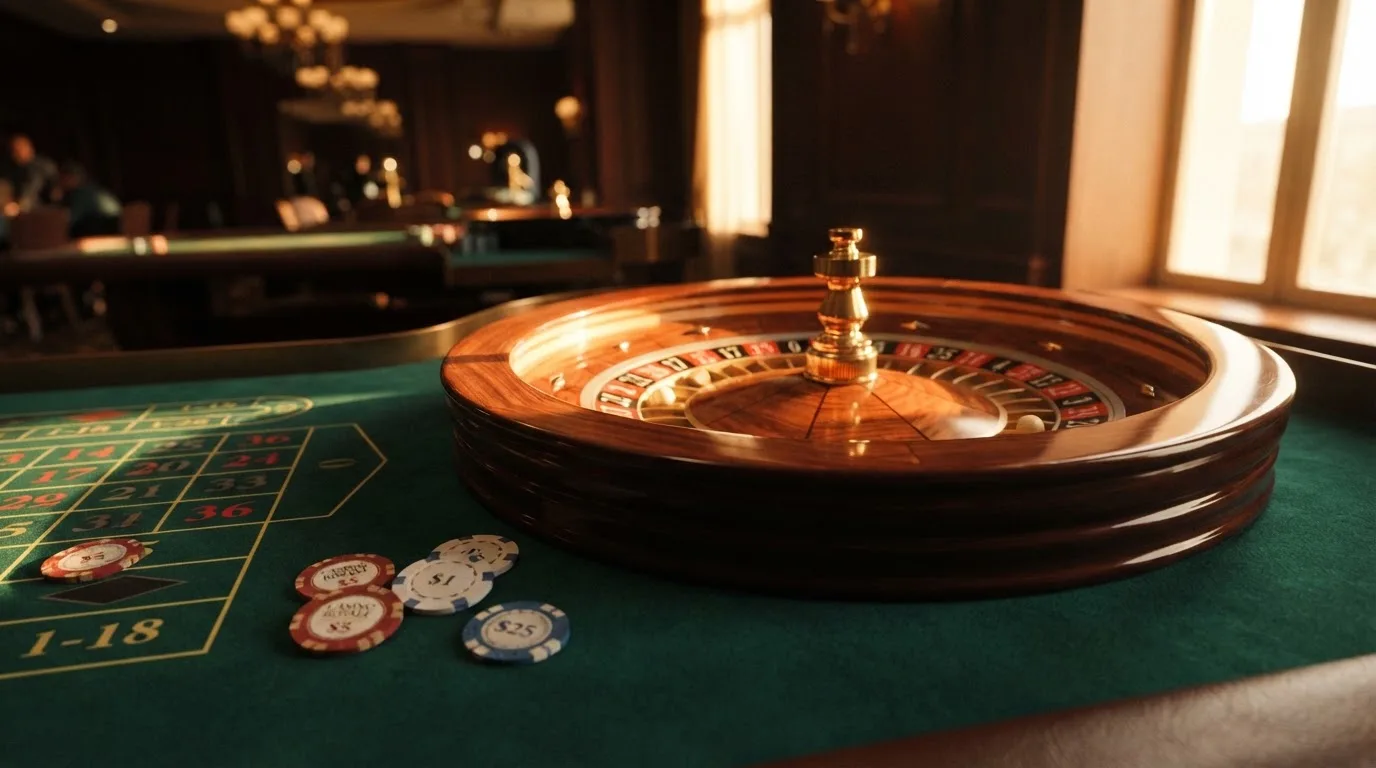 Roda de roleta e fichas sobre feltro verde, sob uma luz quente de fim de tarde — casino com solana em portugal
