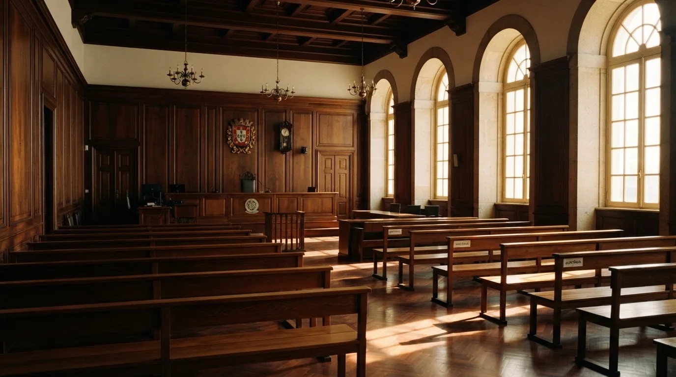 Sala de tribunal vazia com painéis de madeira, à luz da manhã — casino com tether em portugal