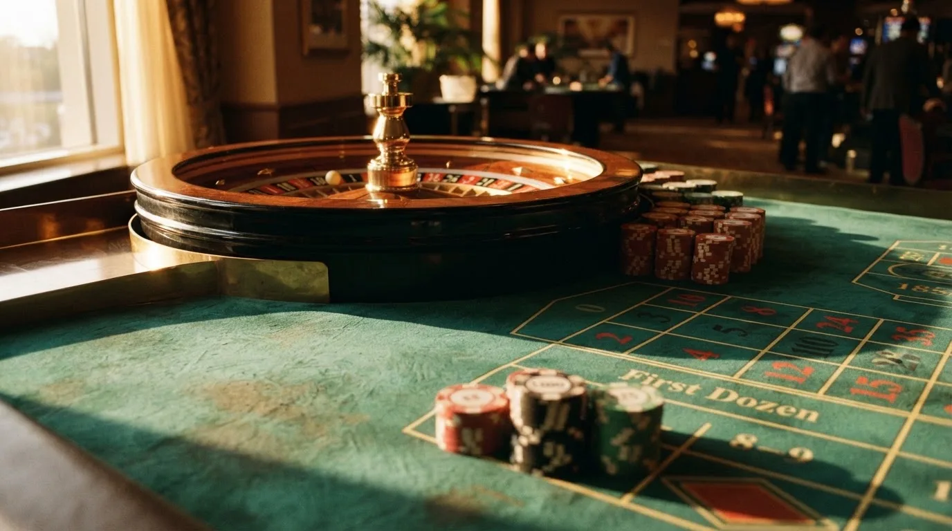 Roda de roleta e fichas sobre feltro verde, sob uma luz quente de fim de tarde — casino com tether em portugal