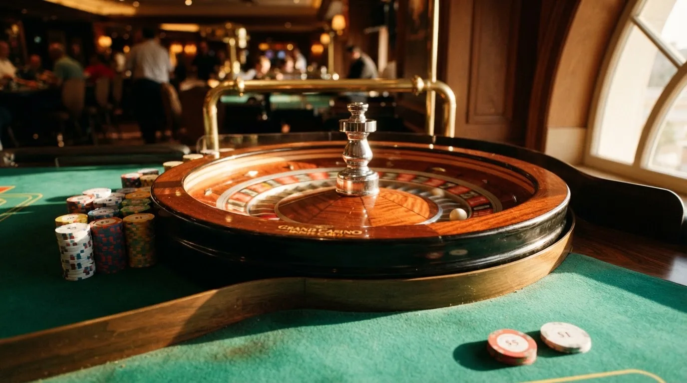 Roda de roleta e fichas sobre feltro verde, sob uma luz quente de fim de tarde — casino é confiável em portugal