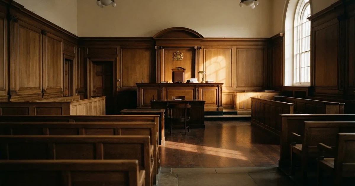 Sala de tribunal vazia com painéis de madeira, à luz da manhã — casino é confiável em portugal