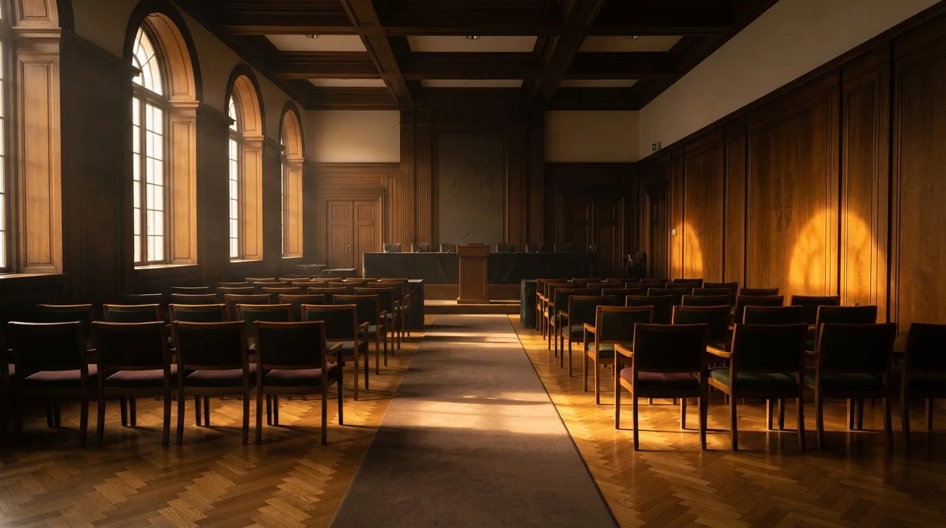 Sala de tribunal vazia com painéis de madeira, à luz da manhã — casino pagamentos em portugal