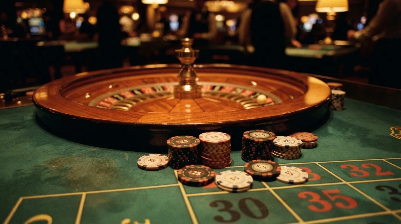 Roda de roleta e fichas sobre feltro verde, sob uma luz quente de fim de tarde — casino pagamentos em portugal
