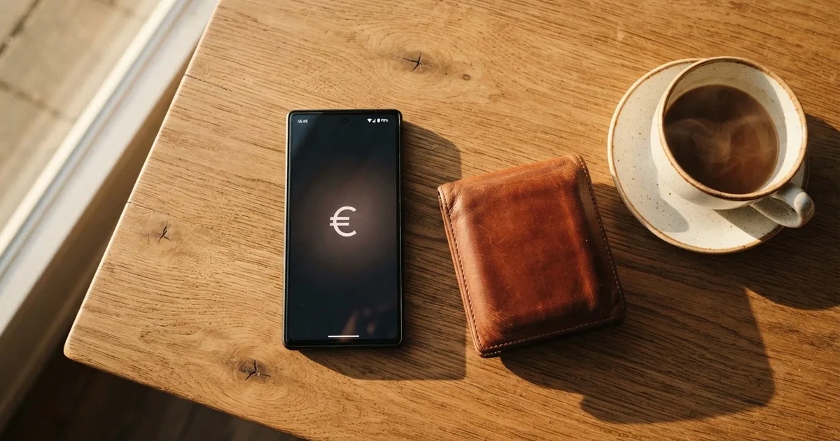 Telemóvel numa mesa de madeira ao lado de uma carteira e de uma chávena de café — casino pagamentos em portugal