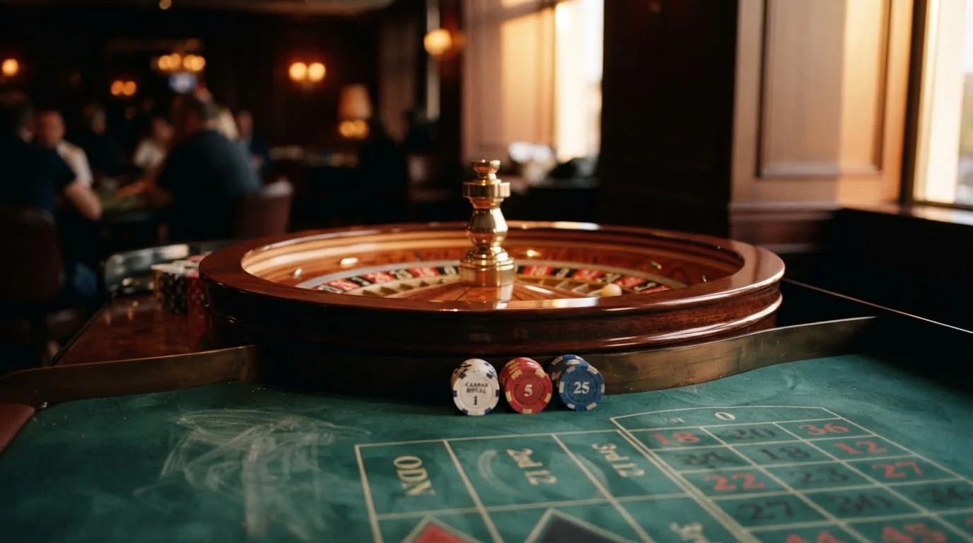 Roda de roleta e fichas sobre feltro verde, sob uma luz quente de fim de tarde — casino slots portugues