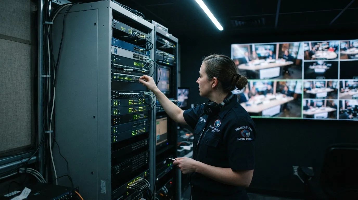 Técnico de uniforme escuro a verificar câmaras e equipamento numa sala de controlo de um estúdio de televisão, com vários monitores desfocados.