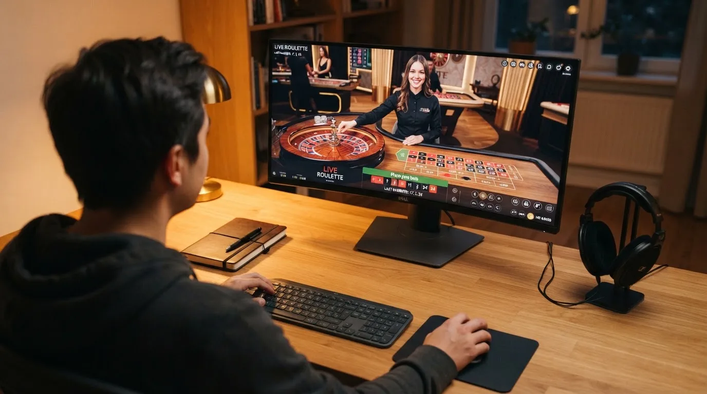 Pessoa sentada à secretária a ver um estúdio de casino em direto num monitor largo, com auscultadores e um caderno fechado ao lado.