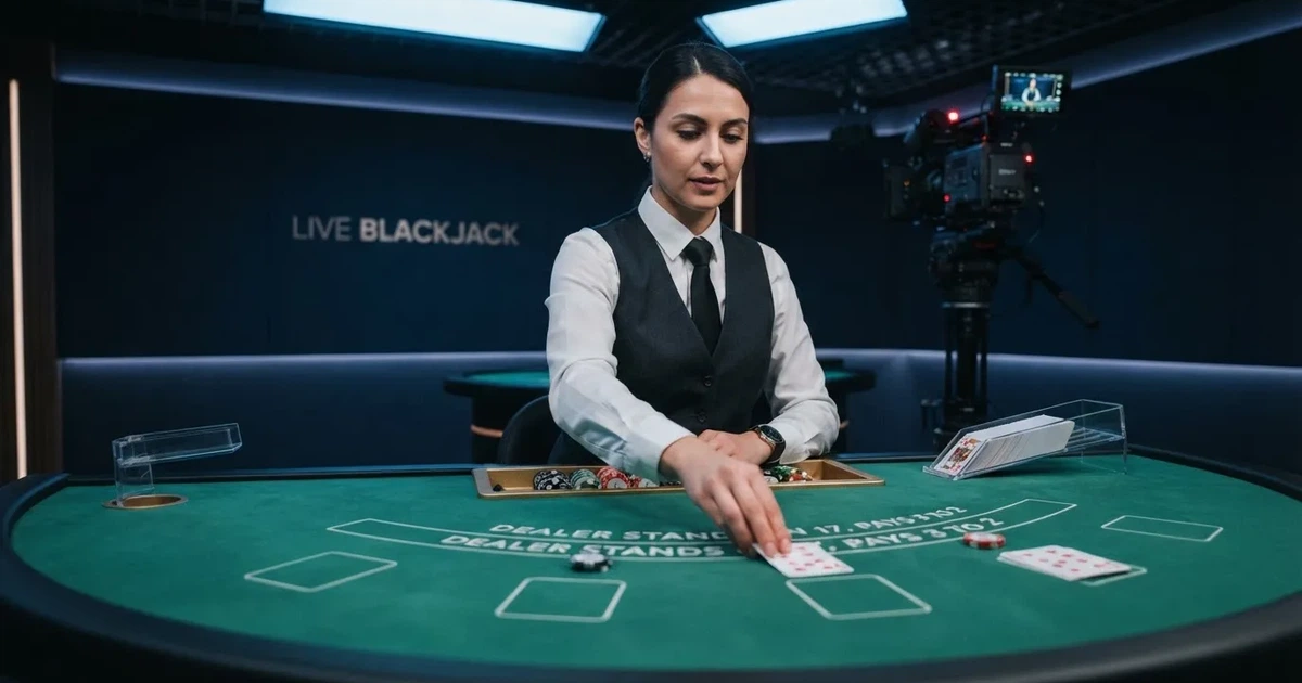Croupier de colete a distribuir cartas numa mesa de blackjack de estúdio, com iluminação azulada e câmara de transmissão ao fundo.