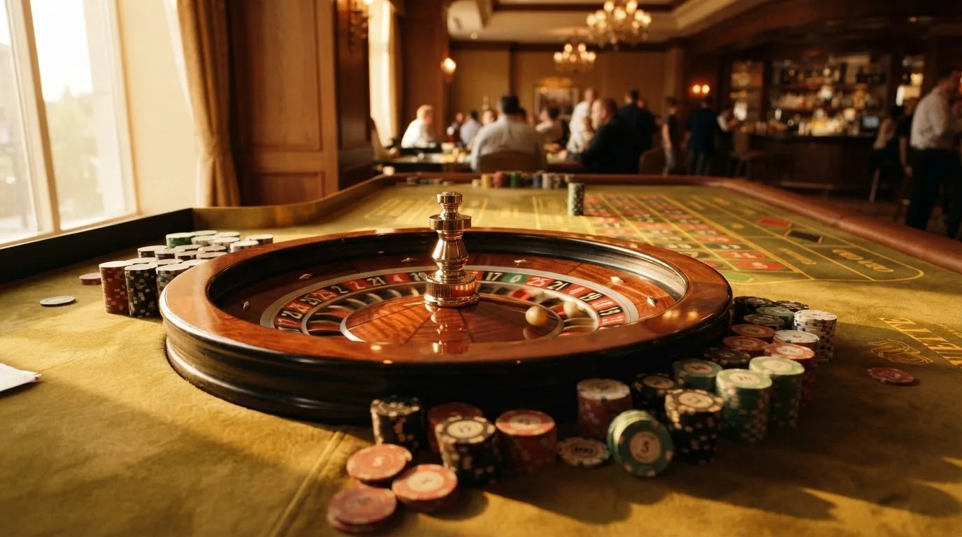 Roda de roleta e fichas sobre feltro verde, sob uma luz quente de fim de tarde — casinos com apple pay em portugal