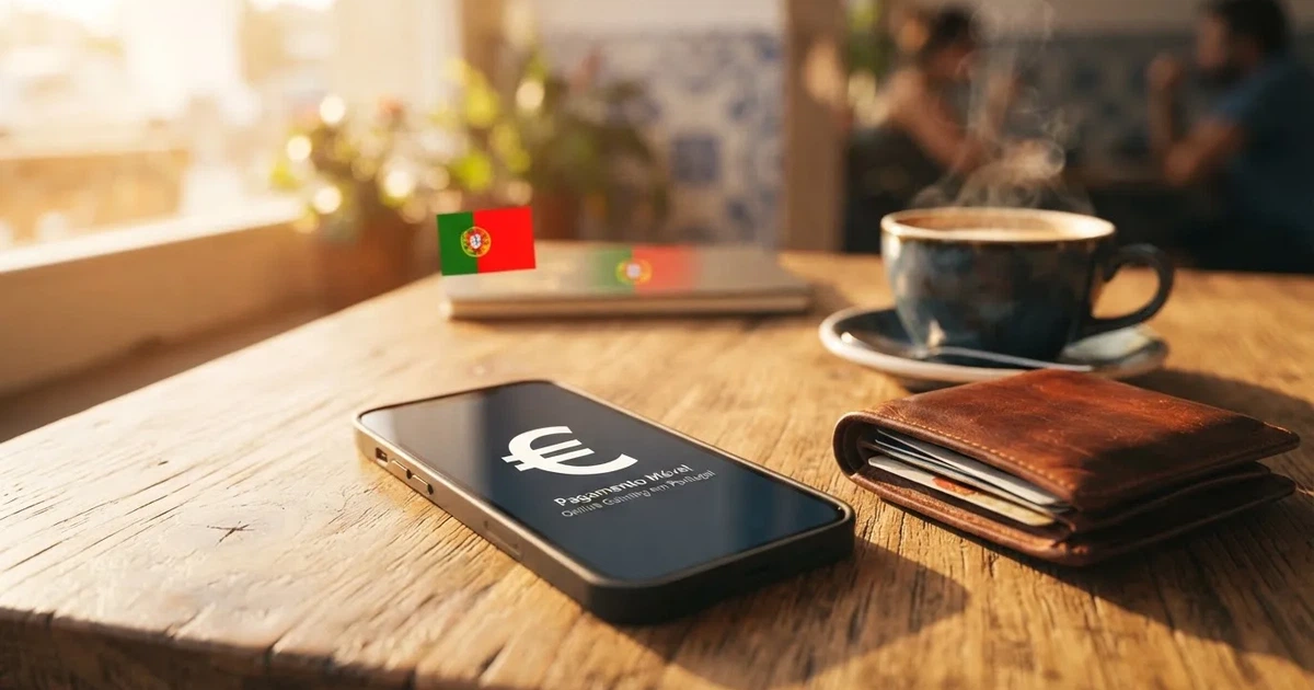 Telemóvel numa mesa de madeira ao lado de uma carteira e de uma chávena de café — casinos com apple pay em portugal