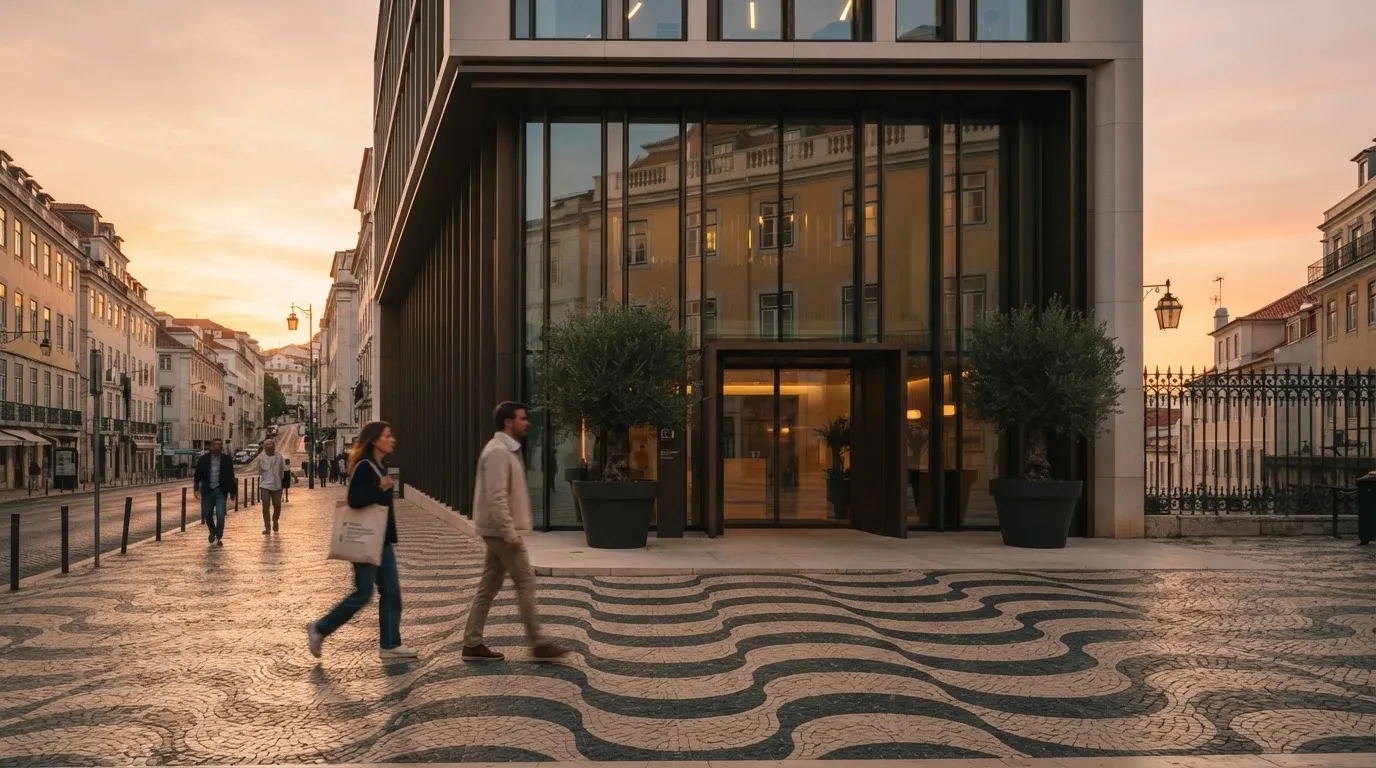 Fachada de um edifício administrativo moderno em Lisboa ao entardecer, com janelas amplas, calçada portuguesa e algumas pessoas a passar.